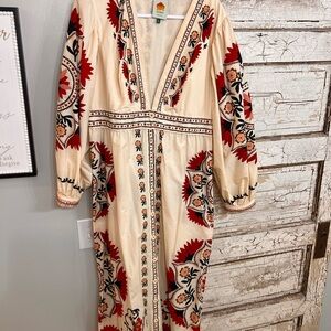 Embroidered Cream and Red Maxi Dress